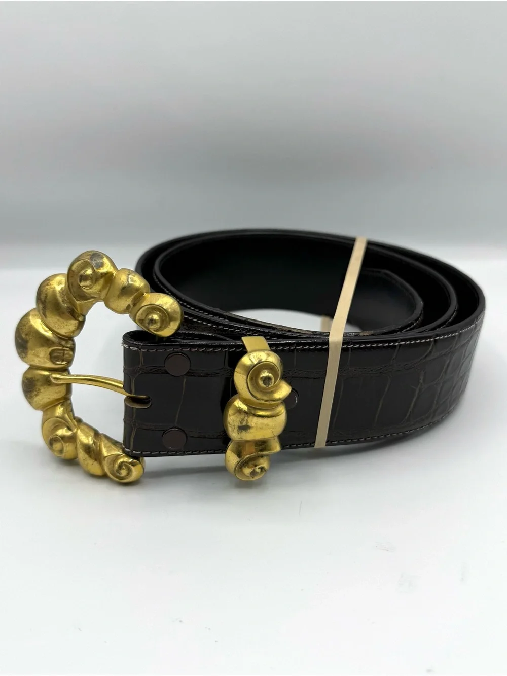 VTG Kleinberg Sherrill 1980s Black American Alligator Leather Belt Gold Buckle